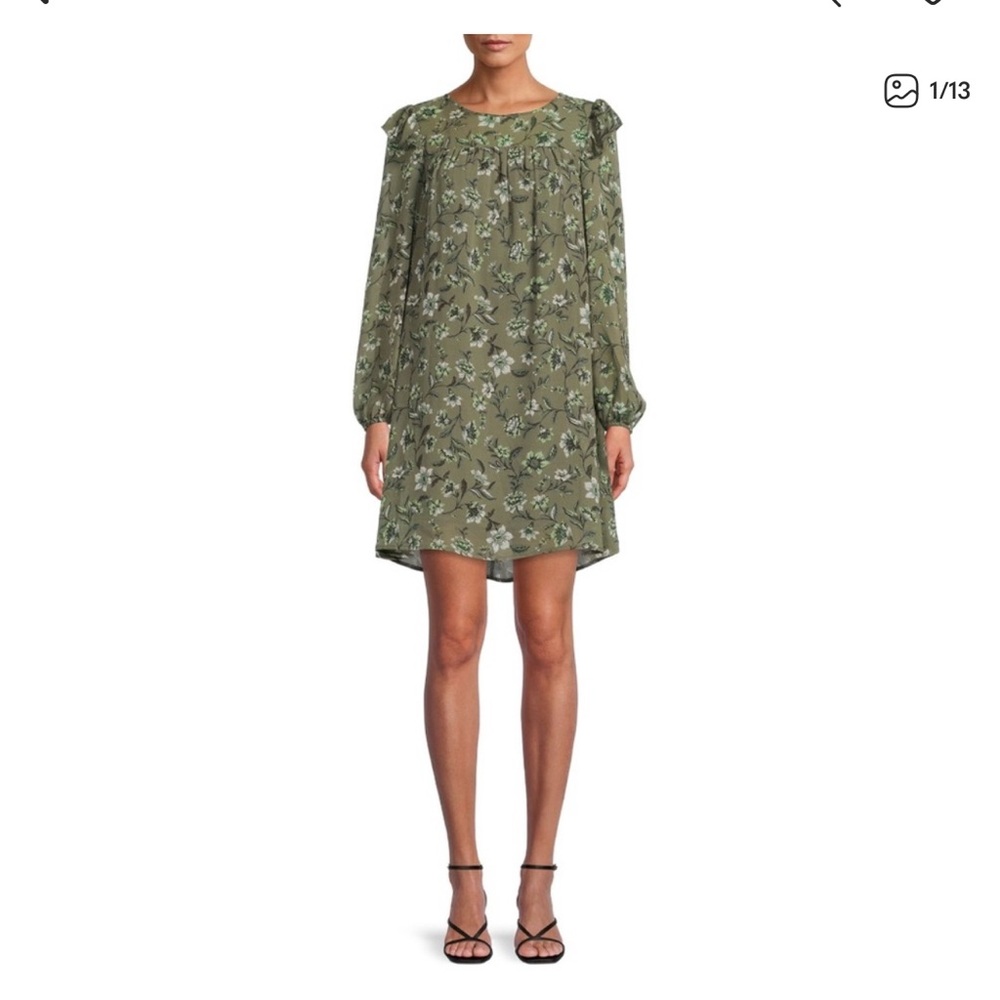 Time and Tru Olive Green Floral Long Sleeve Dress